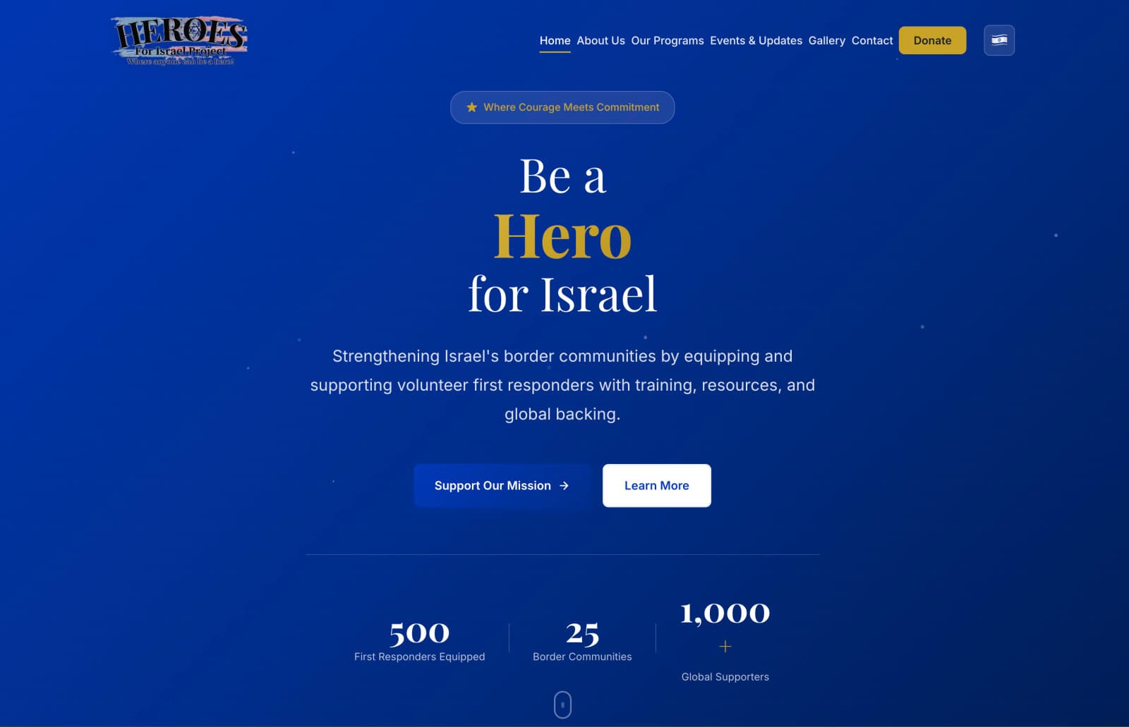 Blue Heroes for Israel homepage with the headline Be a Hero for Israel