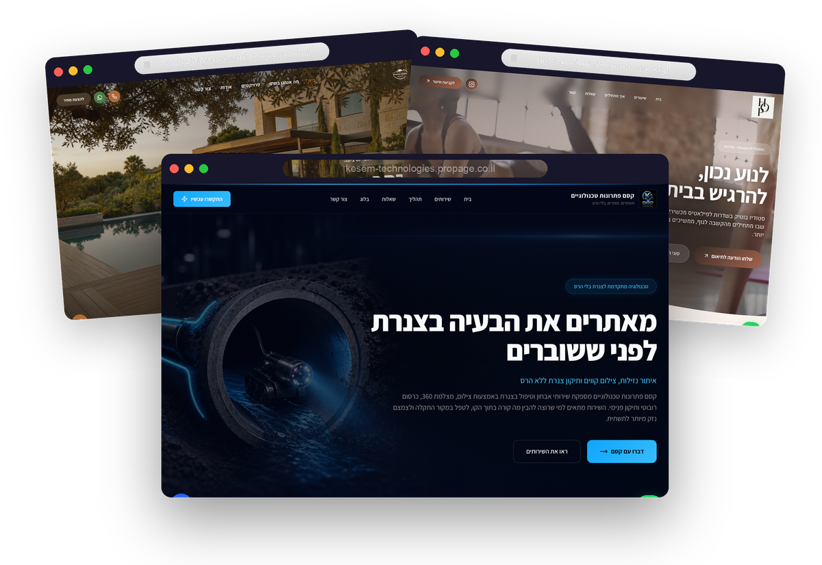 אתרים אמיתיים שבנינו ללקוחות — מוצגים כחלונות דפדפן